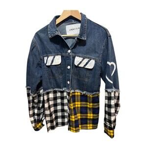 Wren & Glory Denim Jacket Coat Hand Painted designer Sz L women's blue yellow